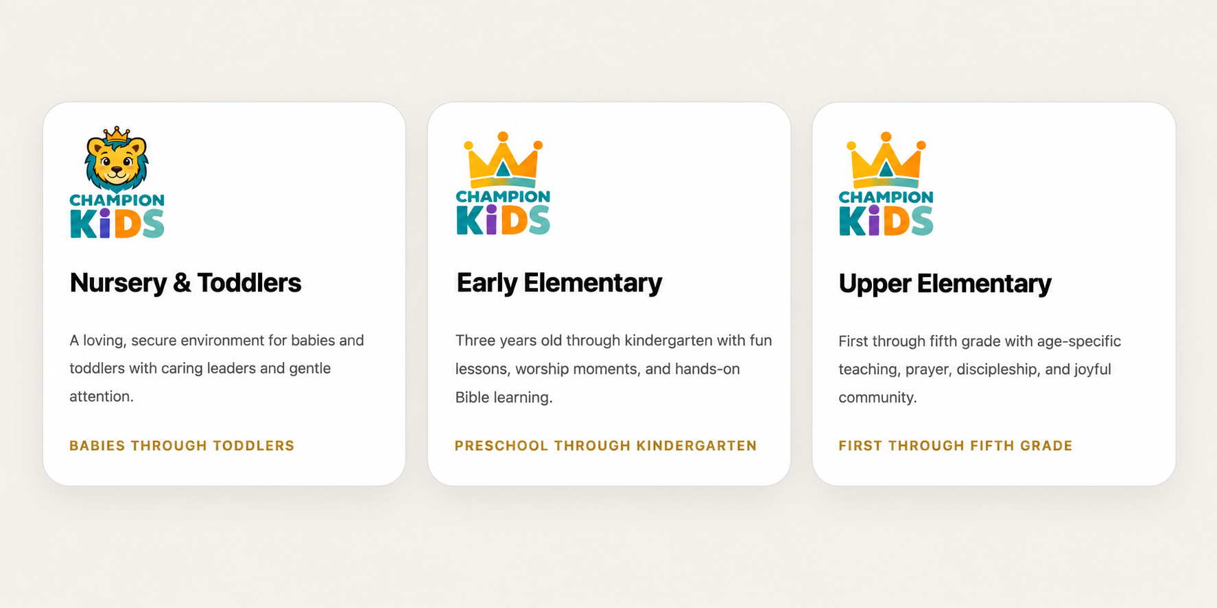 Champion Kids age group program cards for Nursery and Toddlers, Early Elementary, and Upper Elementary